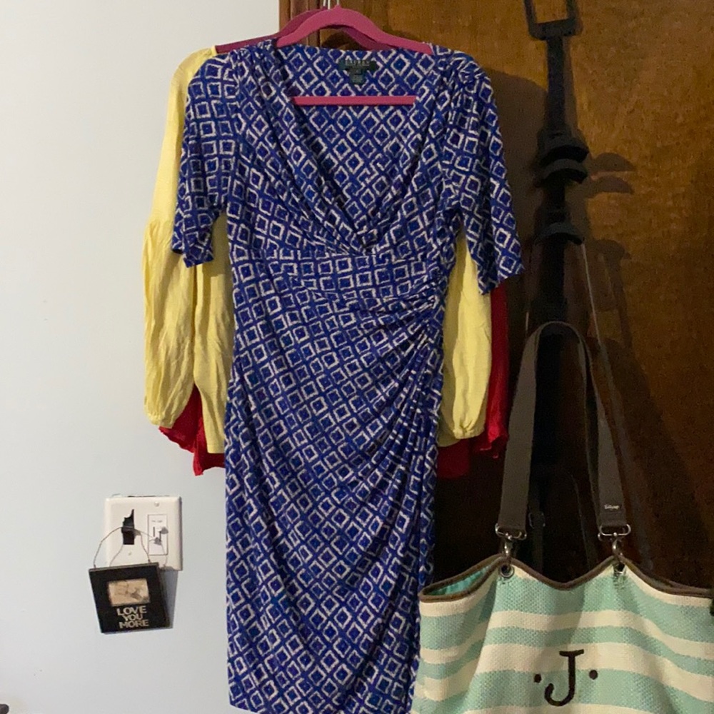 Blue and white wrap top style dress